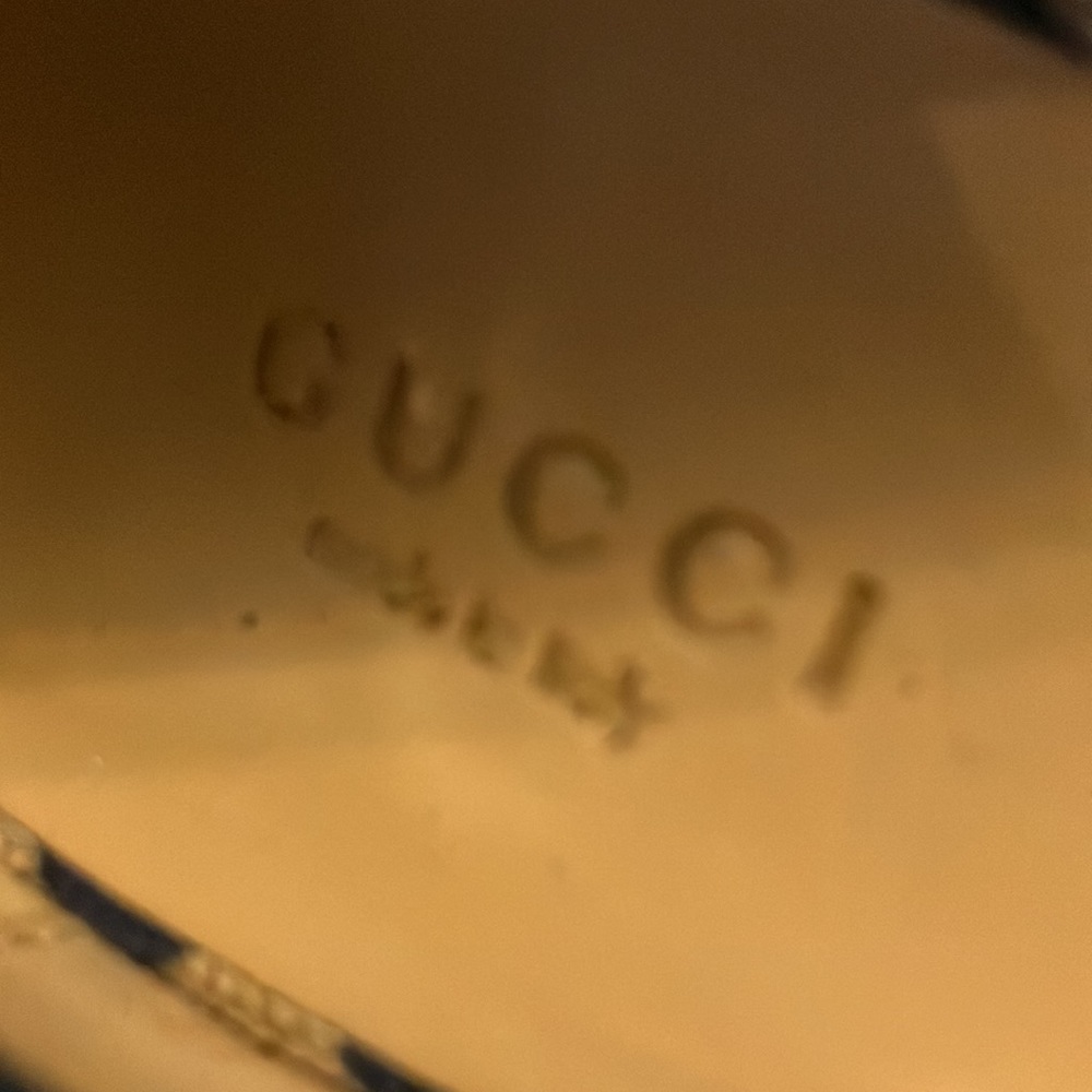 Gucci blue and white floral print canvas peep toe wedge sandal heels - Picture 7 of 8